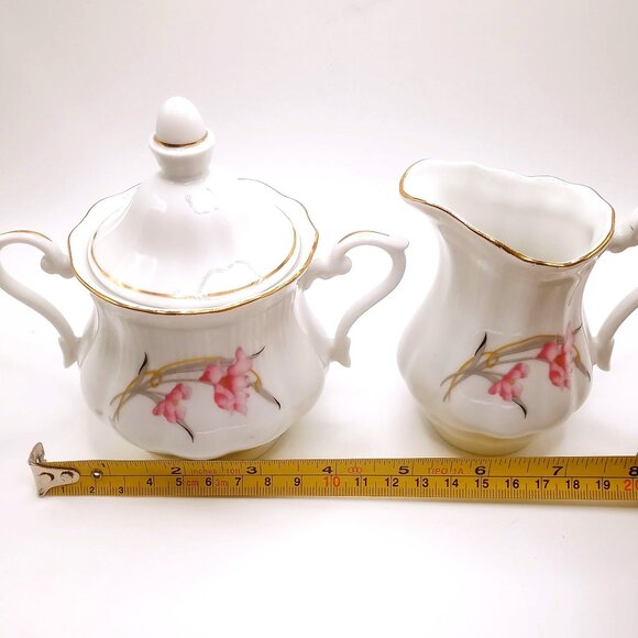 Walbrzych Poland Sugar Bowl Creamer Set Porcelain Gold Trim Floral Design VTG - Picture 12 of 12
